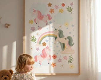 Unicorn Art Print for Toddler Girls Room: Rainbow, Clouds, Florals (Wall Decor)