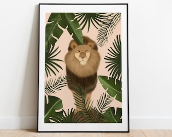 Lion Art Print: Safari Jungle Botanical Illustration, Nursery Decor