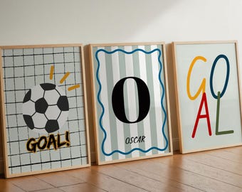 Set of 3 Boys Bedroom Prints: Football, Goal Quote & Personalised Name Art