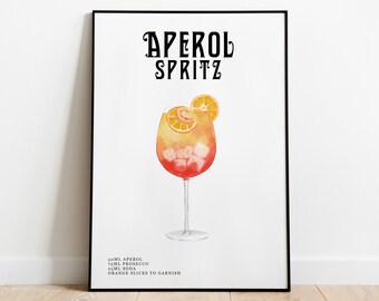 Aperol Spritz Watercolour Cocktail Print: Bar Cart Art
