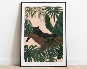 Panther Jungle Art Print: Botanical Nursery Decor