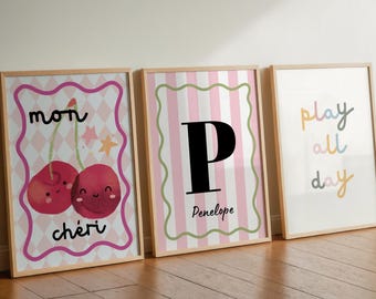 Set of 3 Girls Nursery Prints, Mon Cheri Cherry Wall Art, Personalised Name Print, Play All Day Quote, Playroom Decor, Kids Room Art