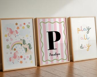 Girls Bedroom Prints: Unicorn, Play All Day, Personalised Name Art