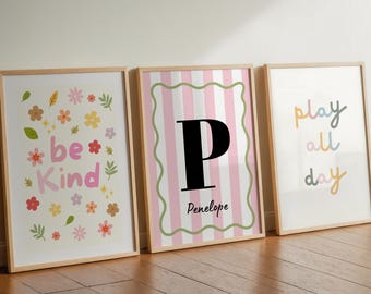Set of 3 Art Prints For Girls Toddler Room & Playroom: Be Kind Quote, Play All Day and Personalised Name Art, Girls Bedroom Nursery Decor