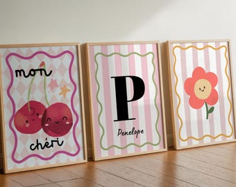 Set of 3 Girls Prints: Mon Cheri Cherry, Floral, Personalised Name Art