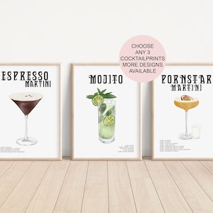 Set De 3 Impresiones De Arte Cóctel. Impresiones de alcohol. Estampado de cóctel retro. Estampados de cóctel. Decoración de la cocina. Carteles de cócteles de moda. Inicio Impresiones de la barra
