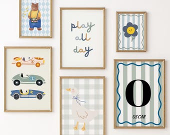 Boys Room Prints: Personalised Name Art, Set of 6 Nursery Decor