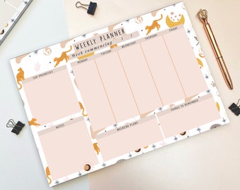 Weekly Planner Notepad A4 – Leopard & Moon Artwork | Desk Pad | Christmas Gift | Office Stationery