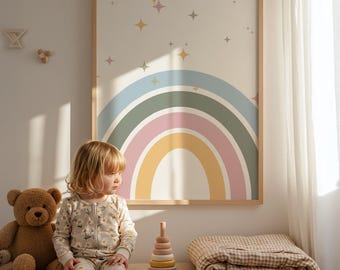 Pastel Rainbow & Stars Art Print: Kids Nursery Wall Decor