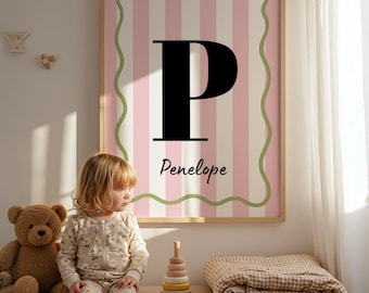 Personalised Name Nursery Print – Pink Stripe Initial Wall Art for Girls Bedroom or Playroom