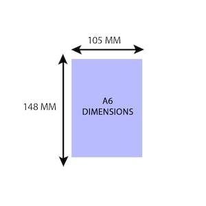 May include: A diagram showing the dimensions of an A6 sheet of paper. The sheet is light blue and measures 105 mm by 148 mm.