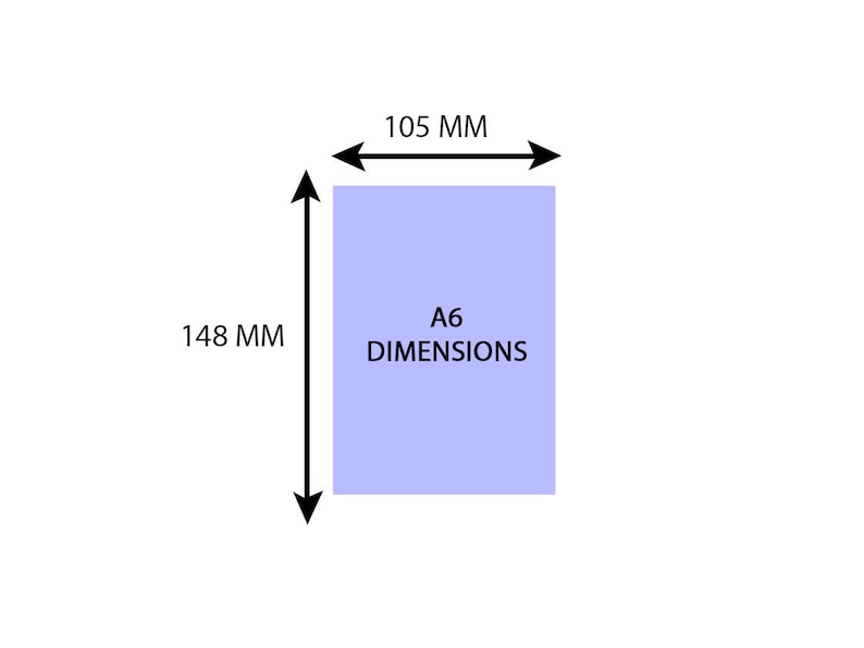 May include: A diagram showing the dimensions of an A6 sheet of paper. The sheet is light blue and measures 105 mm by 148 mm.