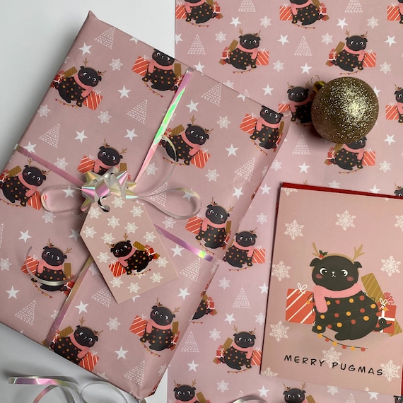Christmas Pug Wrapping Paper. Christmas Gift Wrap. Xmas Pink Wrapping Paper. Gift Wrap for Dog Lovers. Dog Wrapping Paper UK.