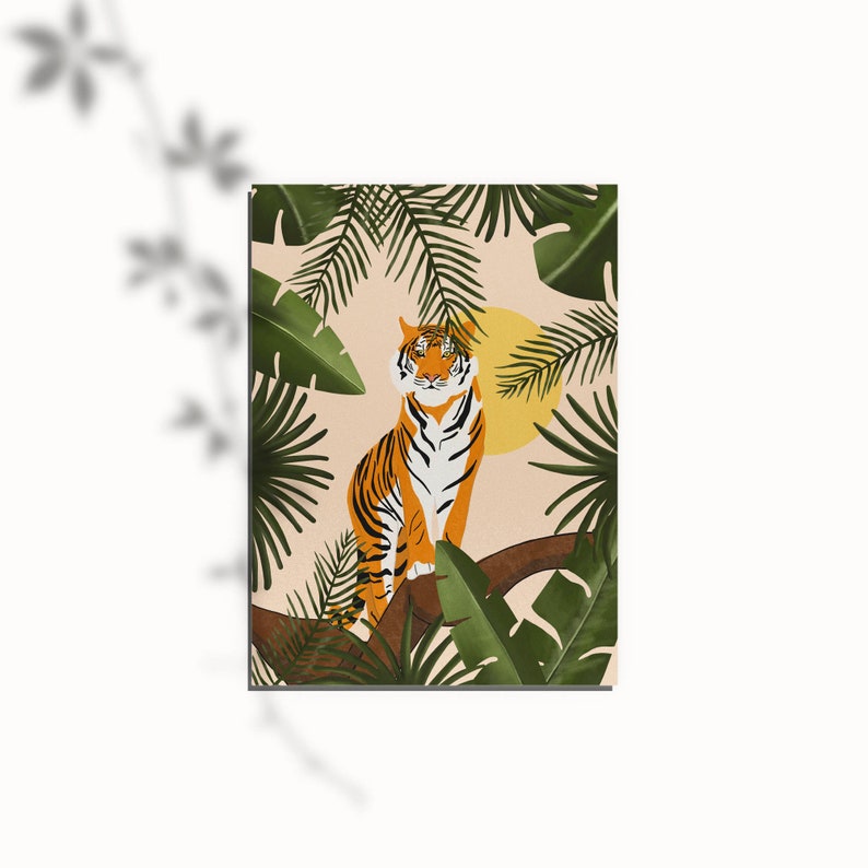May include: A tiger with orange and black stripes sits on a branch in a jungle setting. The tiger is surrounded by green leaves and a yellow sun.
