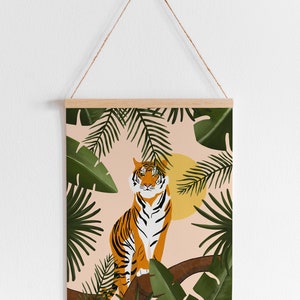 May include: A digital illustration of a tiger standing on a branch in a jungle setting. The tiger is orange and black with white stripes. The background is a pink and green color with palm leaves.