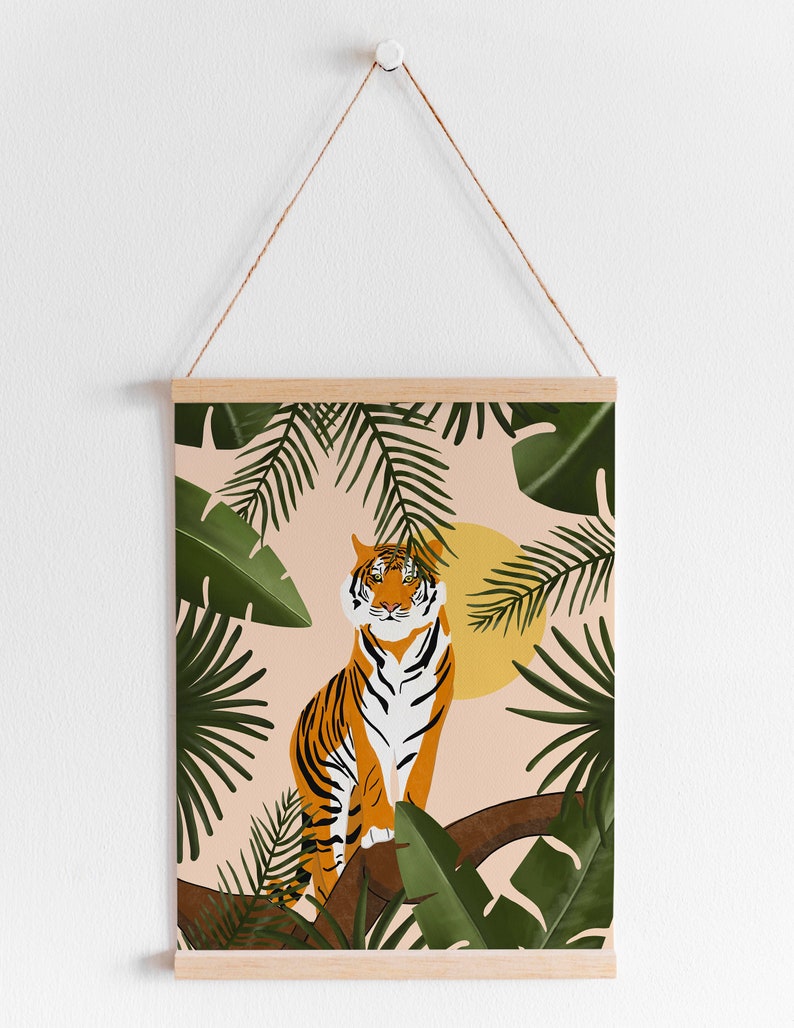 May include: A digital illustration of a tiger standing on a branch in a jungle setting. The tiger is orange and black with white stripes. The background is a pink and green color with palm leaves.
