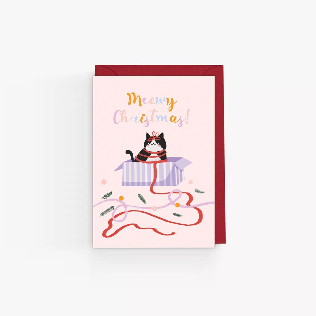 Funny Cat Christmas Card | Meowy Christmas Pun - Etsy