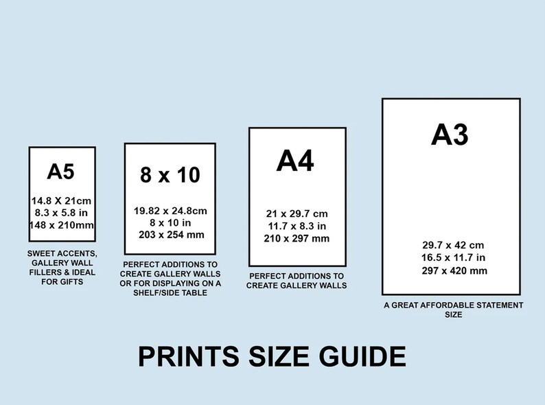 May include: A chart showing different print sizes with their dimensions in both inches and centimeters. The sizes are A5, 8x10, A4, and A3. The chart also includes a brief description of each size.