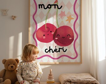 Mon Cheri Cherry Art Print: Playful Kids Room Decor, Christmas Gift