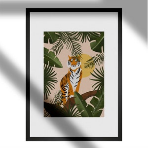May include: A digital illustration of an orange and black tiger sitting on a branch in a jungle setting. The tiger is surrounded by green leaves and a yellow sun.