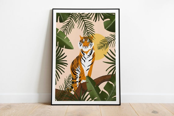 Jungle Tiger Art Print: Boho Tropical Home Decor, Nursery Wall Art