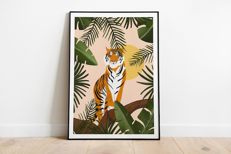 Illustration of a tiger surrounded by lush green tropical leaves and foliage, set against a beige background with a yellow sun