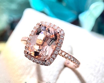 Morganite Engagement Ring Unique 14K Rose Gold Cushion Shape 7x9mm Peachy Pink Morganite Full Eternity Halo Diamond Wedding Ring