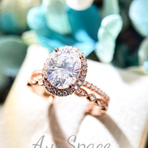 Oval Moissanite Engagement Ring Set, Stacking Ring, 10K/14K/18K Rose Gold, Unique Cluster Engagement Rings For Women, Art Deco Wedding Band image 4