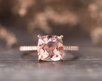 Morganite Engagement Ring Rose Gold 14K Unique 8mm Cushion Cut 2.3ct Morganite Ring  Diamond Wedding Band Rings For Women Promise Ring