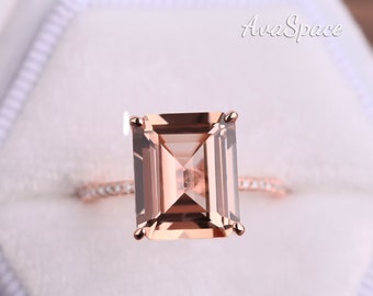 Morganite Engagement Ring Rose Gold Ring 14K 9x11 Emerald Cut Morganite Ring Diamond Ring Wedding Band Rings For Women Promise Ring