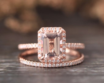 Morganite Engagement Ring Set Rose Gold 1.5ct Emerald Shape Morganite Ring Unique Engagement Ring Diamond Wedding Ring Set Art Deco Ring