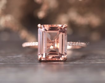 Morganite Engagement Ring Rose Gold Ring 14K 9x11 Emerald Cut Morganite Ring Diamond Ring Hidden Diamond Halo Rings For Women Promise Ring