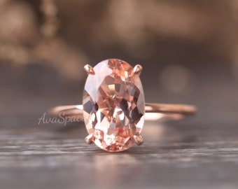 8x12mm Oval Morganite Engagement Ring, 14K Rose Gold Unique 3.4ct Morganite Ring, Hidden Halo Diamond Wedding Ring, Solitaire Promise Ring