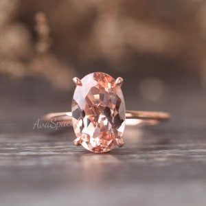 8x12mm Oval Morganite Engagement Ring, 14K Rose Gold Unique 3.4ct Morganite Ring, Hidden Halo Diamond Wedding Ring, Solitaire Promise Ring