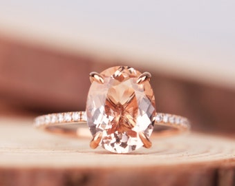 Pink Morganite Engagement Ring, 14K Morganite Ring Rose Gold Ring, 8*10mm Oval Engagement Ring, Solitaire Ring, Diamond Ring,Rings For Women