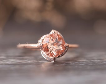 Morganite Engagement Ring Rose Gold 14K 7mm 1.3ct Natural Peachy Pink Morganite Rose Design Engagement Ring Diamond Wedding Rings For Women