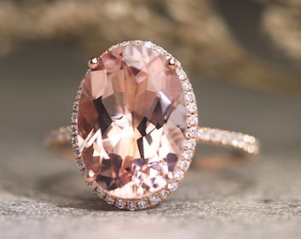 Oval Morganite Engagement Ring 14K Rose Gold Ring 10x14mm Peachy Pink Morganite Ring Diamond Wedding Band Rings For Women Halo Diamond Ring