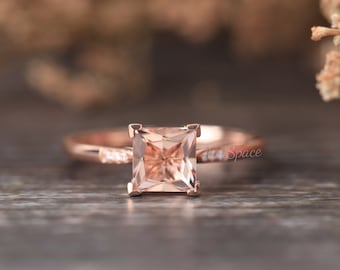 6mm Princess Cut Morganite Engagement Ring Rose Gold 14K 0.8ct Morganite Ring Diamond Wedding Band Rings For Women Art Deco Promise Ring