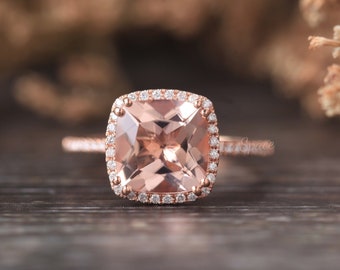 3ct Morganite Engagement Ring Rose Gold Unique Art Deco Halo Diamond Ring 9mm Cushion Morganite Ring Solid 14K Gold Promise Rings For Women