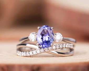 Natural Tanzanite Oval Engagement Ring, Mossianite Engagement Ring, Wedding Ring Set 5*7mm Tanzanite Ring 2pcs Bridal Ring Set,14K Gold Ring