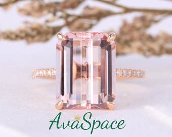 Pink Morganite Engagement Ring Rose Gold Ring 14K 9x12mm 5ct Emerald Cut Unique PInk Morganite Ring Diamond Ring Wedding Rings for Women