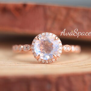Rainbow Moonstone Engagement Ring Vintage 14K Rose Gold 7mm Round Cut Moonstone Art Deco Halo Diamond Wedding Ring Unique Promise Ring