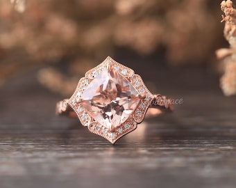Pink Morganite Engagement Ring 14K Rose Gold Vintage 8mm Cushion Cut VS Morganite Ring Wedding Diamond Promise Ring Art Deco Rings For Women