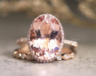 Ovale Morganit Verlobungsring Set 14K Rose Gold Ring 10 x 14 mm Pfirsich rosa Morganit Ring Set Diamant Hochzeit Band Versprechen Ringe für Frauen