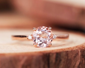 Morganite Engagement Ring VS 6.5mm Round Morganite Ring,14K Rose Gold Ring,Solitaire Ring,Wedding Band,Vintage Ring,Rings For Women