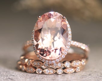 Ovale Morganit Verlobungsring Set 14K Rose Gold Ring 10 x 14 mm Pfirsich rosa Morganit Ring Set Diamant Hochzeit Band Versprechen Ringe für Frauen