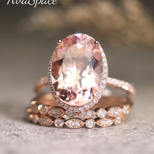 Oval Morganite Engagement Ring Set 14K Rose Gold Ring 10x14mm Peachy Pink Morganite Ring Set Diamond Wedding Band Promise Rings For Women