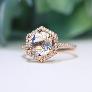 Rainbow Moonstone Engagement Ring Vintage 14K Rose Gold Round Cut Moonstone Art Deco Hexagon Halo Diamond Wedding Ring Unique Promise Ring