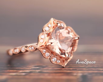 Vintage Morganite Engagement Ring Rose Gold 8mm Cushion Cut Peachy Pink Morganite Ring, Art deco Rings For Women, Diamond Ring Wedding band