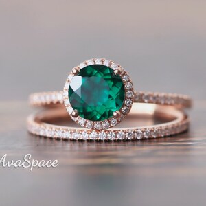 Emerald Engagement Ring Rose Gold, Emerald Wedding Ring Set 14K Diamond Ring, Wedding Band, Dainty Ring, Promise Ring,Rings For Women